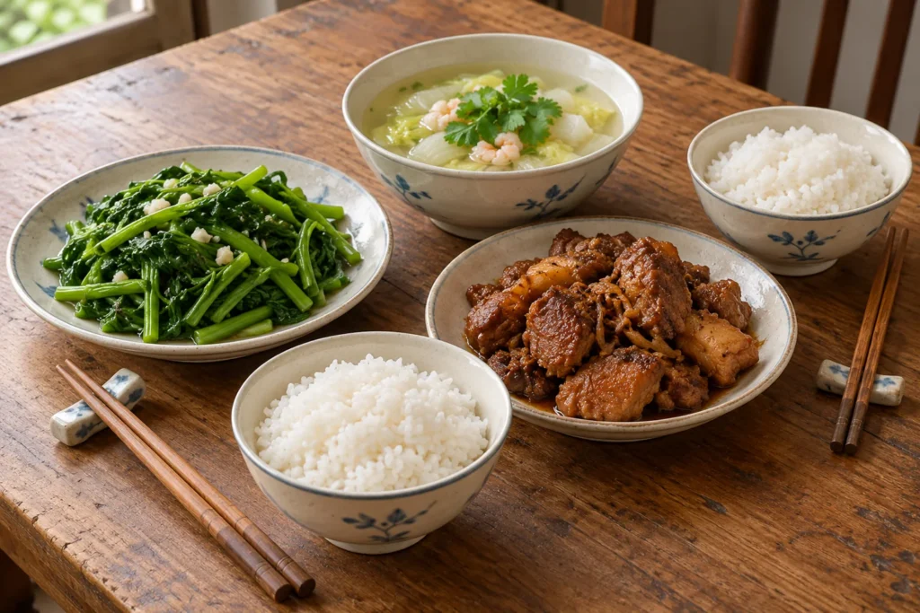 Hai bát cơm trắng cùng rau xanh, canh và thịt kho trên bàn gỗ