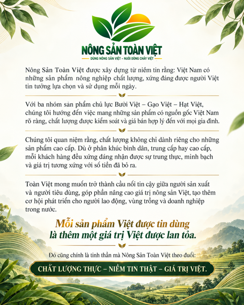 Poster sứ mệnh Nông Sản Toàn Việt với logo lá, cánh đồng, mặt trời và khẩu hiệu Dùng nông sản Việt - Nuôi dòng chảy Việt