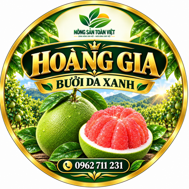 Thiết kế tem bưởi da xanh Hoàng Gia, logo Nông Sản Toàn Việt