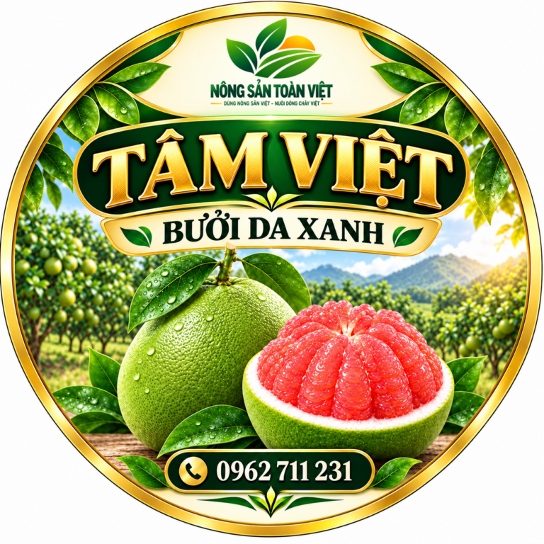 Thiết kế tem bưởi da xanh Tâm Việt, logo Nông Sản Toàn Việt