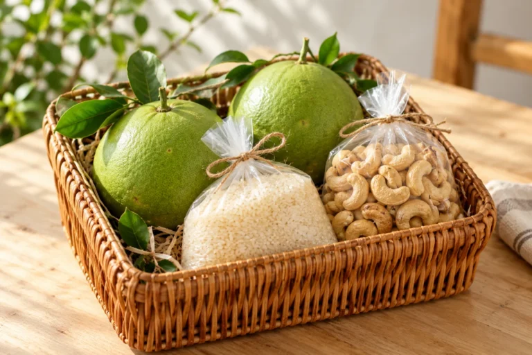 Ý tưởng giỏ quà bưởi, gạo và hạt điều chưa phải combo đang bán
